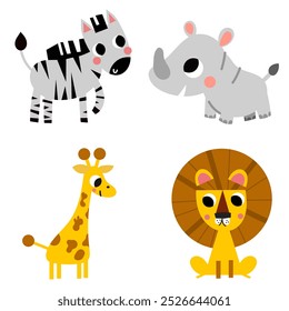 bonitos animais africanos vetores de desenhos animados. Zebra, rinoceronte, leão, girafa bebê clipart ilustração para educação, folha de página imprimível.