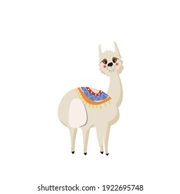 Cute cartoon vector alpaca in ethnic clothing