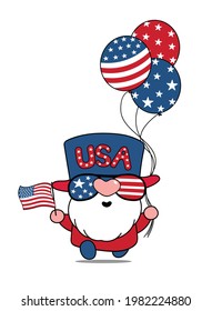 Cute cartoon Vector America USA Gnome 4th of July Independence day illustration