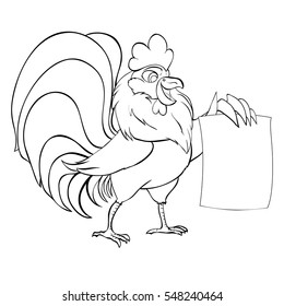 Cute cartoon vector animal character, rooster, bird, chicken, coloring book