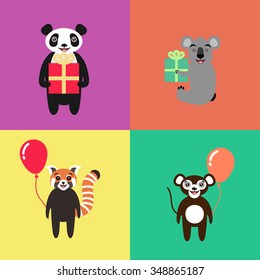 Cute cartoon vector animals. Children illustration. Panda bear, koala, red panda, monkey. Vector 10EPS file.