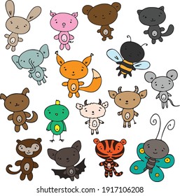 Animales vectoriales de dibujos animados a mano. Conejo, cerdo, oso, gato, elefante, ardilla, abeja, perro, loro, oveja, cabra, ratón, mono, murciélago, tigre, mariposa