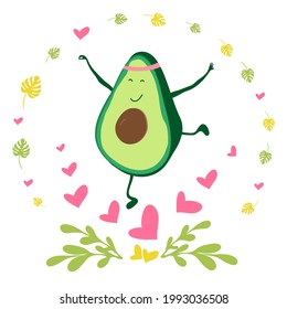 Cute Cartoon Vector Avocado Character Doing Sport, Yoga. Funny Cartoon Green Fruit Dancer Illustration Isolated On White. Avocado Half Symbol In Kawaii Style With Hearts, Leaves, Plants, For Sticker.