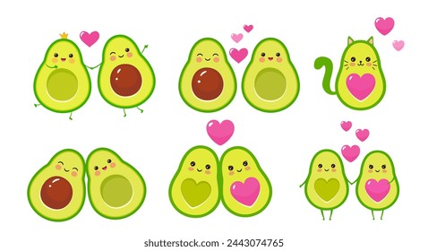 Nette Cartoon Vektor Avocado Charaktere mit lustigen Lächeln gesetzt
