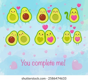 Cute cartoon vector avocado characters set with funny smiles
