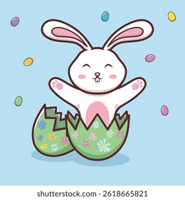 Cute cartoon vector of a baby bunny sitting inside a cracked Easter egg shell. The bunny looks cheerful in soft pastel colors.