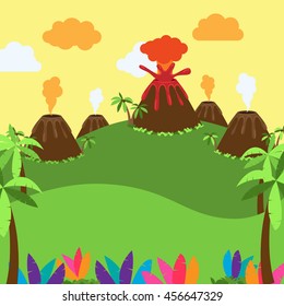 Cute Cartoon Vector Background of Desert, Jungle or Dinosaur Era Landscape