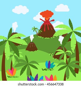 Cute Cartoon Vector Background of Desert, Jungle or Dinosaur Era Landscape