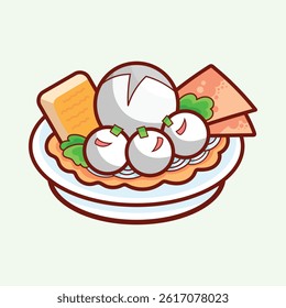 Cute cartoon vector of Bakso, Indonesian meatball soup with noodles, tofu, crackers, and vegetables on a plate. Whimsical and delicious food illustration.