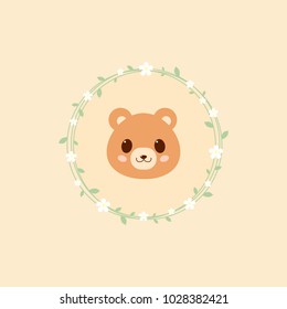 Cute cartoon vector bear illustrution. Adorable baby bear icon on orange background with flowers.