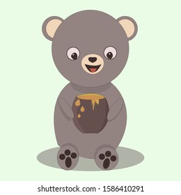 cute cartoon vector bear in kawaii design. Happy and smyling face eating tasty honey. Isolated on white background