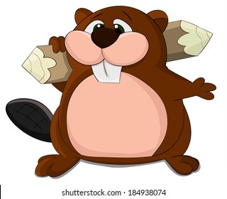 Cute cartoon vector beaver with log