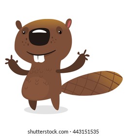 Cute cartoon vector beaver waving with his hands. Fluffy beaver character with big teeth presenting. Brown beaver mascot illustration. Fat beaver animal icon isolated on white background