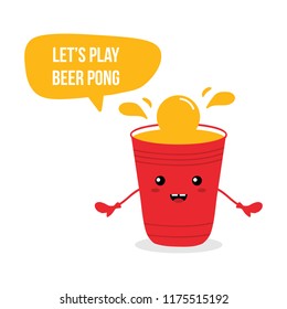 Cute cartoon vector beer cup character, smiling, asking to play beer pong game.