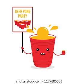 Cute cartoon vector beer cup character holding banner in hand, smiling, inviting on beer pong game party.