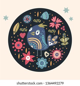 Cute cartoon vector bird card. Folk art vector animal illustration in scandinavian style. Tribal nordic floral art.