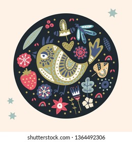 Cute cartoon vector bird card. Folk art vector animal illustration in scandinavian style. Tribal nordic floral art.