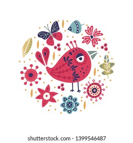 Cute cartoon vector bird card. Folk art vector animal illustration in scandinavian style. Tribal summer floral art.