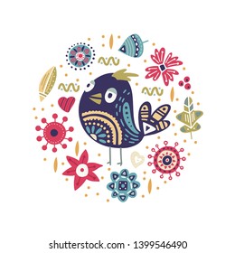 Cute cartoon vector bird card. Folk art vector animal illustration in scandinavian style. Tribal summer floral art.