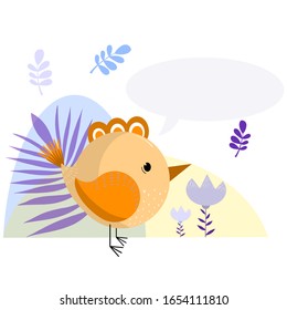 Cute cartoon vector bird card. Folk art vector animal flat illustration. Tribal nordic floral art with place for your text.