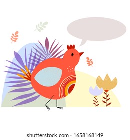 Cute cartoon vector bird card. Folk art vector animal flat illustration. Tribal nordic floral art with place for your text. Vector chicken 
