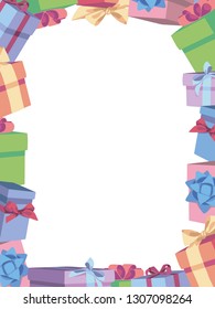 Cute cartoon vector birthday border photo frame made of colorful gift boxes with ribbons