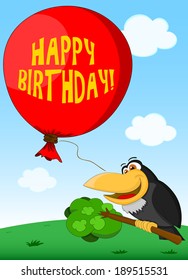 Cute cartoon vector birthday card with unusual raven