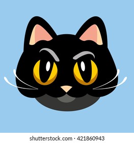 Cute cartoon vector black cat with yellow eyes.  Vector illustration.