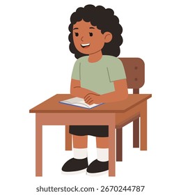 Vector lindo de la historieta de la muchacha negra de la escuela con el pelo rizado que escribe en un escritorio mientras que sonríe.