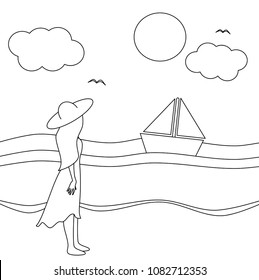cute cartoon vector black and white illustration with girl watching the sea in a sunny day