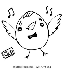 Cute cartoon vector black and white drawing dancing chicken