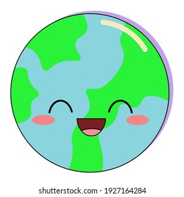 Cute cartoon vector blue and green earth with emoji face smiling. The earth is suitable for icons, sign, highlights, stickers. The element is isolated, on a white background.