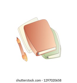 Cute cartoon vector book, notebook, diary and journal icon with pen. Cartoon books icon. School book icon, college notebooks. School notebooks on white background. Educational cartoon colored icon