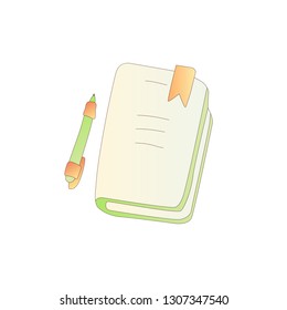 Cute cartoon vector book, notebook, diary and journal icon with pen. Cartoon books icon. School book icon, college notebooks. School notebooks on white background. Educational cartoon colored icon