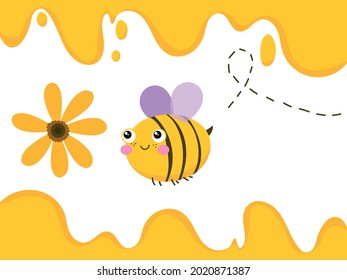 Cute cartoon vector bumblebee flying to a daisy flower for pollination, Sweet bee is flowing in drains down. Ideal for organic festival banner, invitation, honey jar concept design.