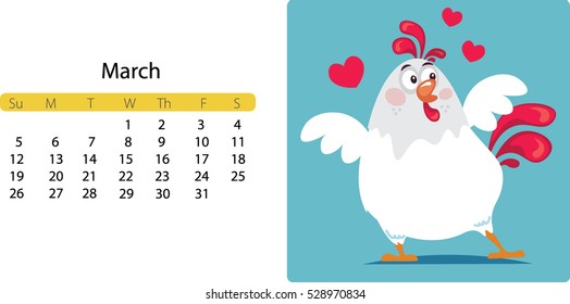 Cute cartoon vector calendar 2017 card banner sticker year with white rooster in love. 