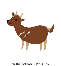 Cute cartoon vector Capricorn, brown goat kid domestic animal isolated on white background, farmer mammal, decorative element zodiac for design greeting card, creation of alphabet, children invitation