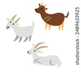 Cute cartoon vector Capricorn, goat set, kid domestic animal isolated on white background, farmer mammal, decorative element zodiac for design greeting card, creation of alphabet, children invitation