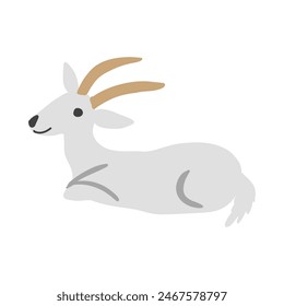 Cute cartoon vector Capricorn, goat, kid domestic animal lies isolated on white background, farmer mammal, decorative element zodiac for design greeting card, creation of alphabet, children invitation