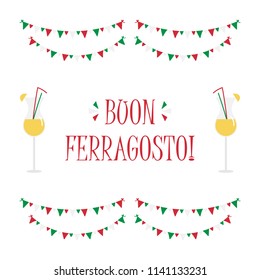 Cute cartoon vector card for italian traditional august holiday Ferragosto with italian flags, garland and colorful cocktails with straws. 