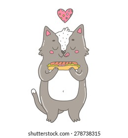 cute cartoon vector  cat with hotdog. Funny animal and food illustration.