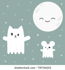 cute cartoon vector cat and mouse ghost in the night