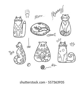 Cute cartoon vector cats. Original coloring page. Black and white set.