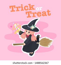 Cute cartoon vector character witch flying on broomstick with black cat