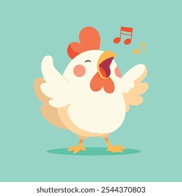 Ilustração de frango vetor de desenho animado bonito isolado no fundo verde. Frango feliz canta uma música. Mascote de animais de criação. Estilo das crianças. Clipart e adesivo.