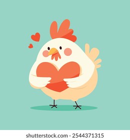 Cute cartoon vector chicken illustration isolated on green background. Happy chicken holding heart. Farm animal mascot. Children's style. Clipart and sticker.