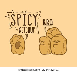 Cute cartoon vector chicken Nuggets really difficult choice sauce spicy ketchup or barbecue