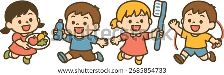 Cute cartoon vector of children promoting healthy habits: eating vegetables, drinking water, brushing teeth, and exercising with a jump rope; cheerful preschool educational scene.