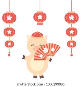Cute cartoon vector chinese New year of the pig with pig character design with fan and chinese lanterns
