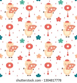 Cute cartoon vector chinese New year of the pig with pig character with fan and chinese lanterns seamless pattern background illustration